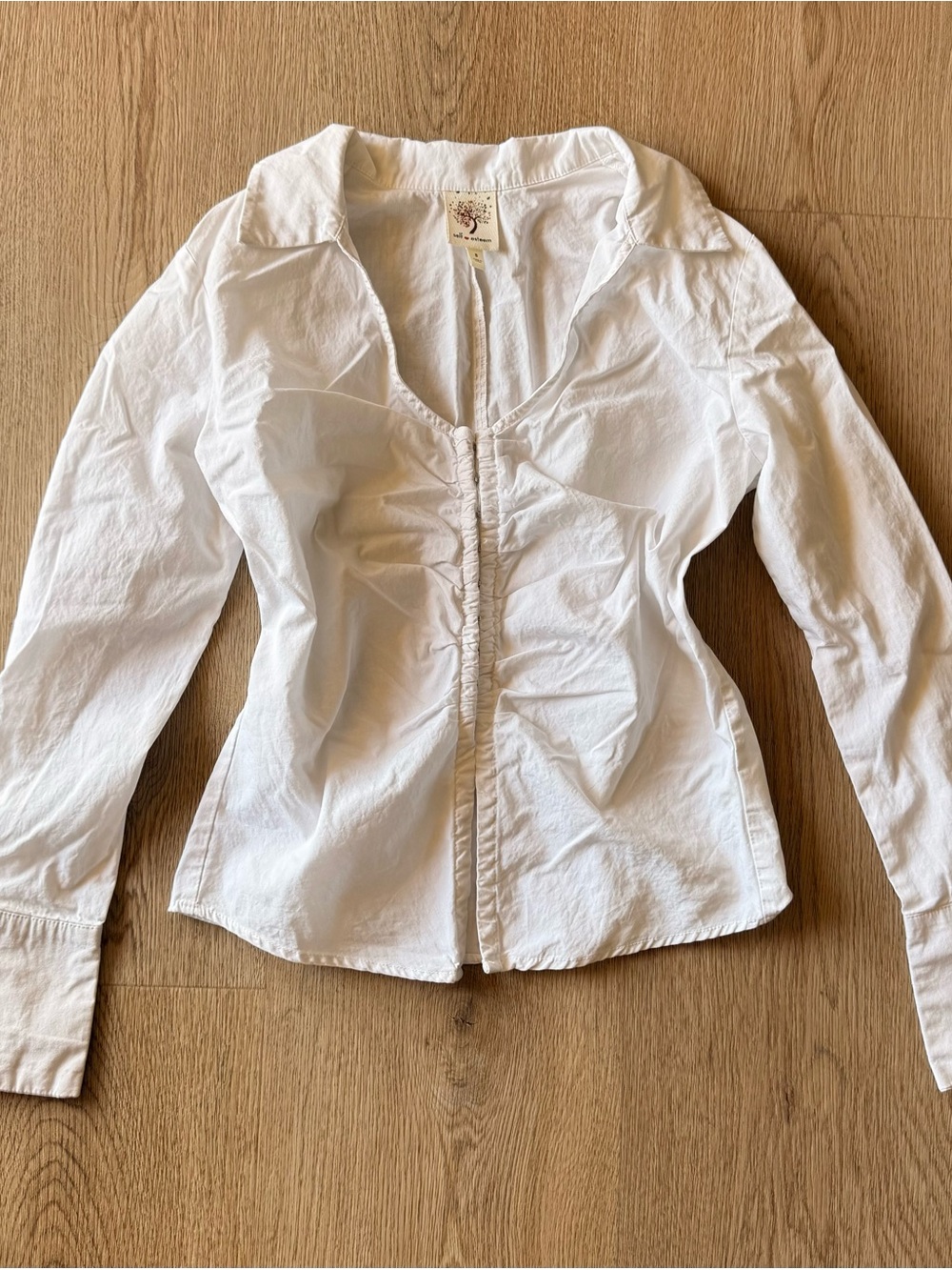 Y2k Self Esteem white long sleeve blouse with ruched front closure